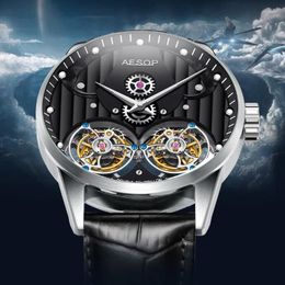 Wristwatches Aesop Double Tourbillon Mechanical Watch Manual Winding Movement Stainless Steel Dual-Wheel Business Luminous Men's Wristwatch