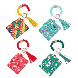 Christmas Card Bag Silicone Wrist Bead Keychain PU Tassel Pendant Bracelet Keychain Women's Wallet Xmas Gift Keyring Key Chain