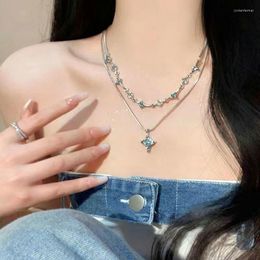 Pendant Necklaces Retro Double Layer Four Pointed Star Necklace Y2K Emo Girls Sweet Cool Rhinestone Clavicle Chain Women Fashion Jewelry