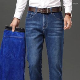 Men's Jeans 2023 Products Winter Warm Blue Fleece Business Casual Stretch Denim Trousers Men 42 44 46