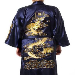 Navy Blue Chinese Men Silk Satin Robe Novelty Traditional Embroidery Dragon Kimono Yukata Bath Gown Size S M L XL XXL MR0022489