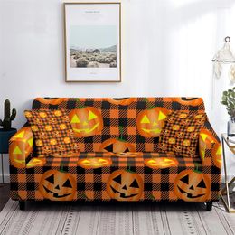 Chair Covers Horror Smile Pumpkin Plaid Elastic Sofa Cover Living Room Decorative Fall Halloween 1/2/3/4 Seat Universal