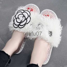 Slippers Camellia Fur slippers women flat comfortable warm plush shoes woman Indoor Cosy furry pantuflas bead flower woolenfur slides2020 x1011