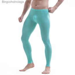 Men's Thermal Underwear Mens Long John Underwear Sexy Sheer Tight Leggings Silky Skinny Underpants Elastic Bottom Leggins Thermal Pants For Man TrousersL231011