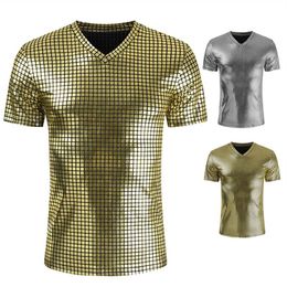 Men's T-Shirts Gold Silver Plaid Metallic Nightclub Wear Tshirt Men Sexy New Disco Party Stage Prom Tshirts Men Slim Fit V Ne352z