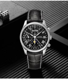 Wristwatches Luxury Mens Automatic Mechanical Watch Stainless Steel Sapphire Blue Brown Leather Calendar Moon Phase