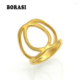 Cluster Rings BORASI Stainless Steel Ring Charm Finger Knuckle Double Cross Hollow Out Band Gold Colour Fashion Cocktail Jewellery