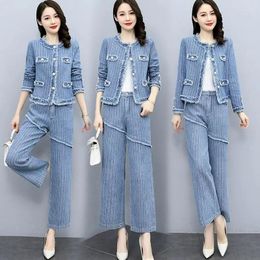 Women's Two Piece Pants 2023 Stripe Denim Suit Spring Autumn Cowboy 2 Sets Korean Fashion Trousers Outfit Casual Ladies Jean 2PCS