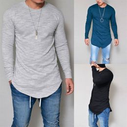 Mens Longline T Shirt Solid Hip Hop Long Sleeve Tees for Spring and Autumn Swag Clothes Slim Harajuku Tshirt251B