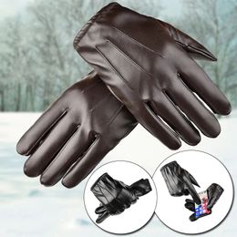 Five Fingers Gloves 1pair Men's PU Leather Winter Autumn Driving Keep Warm Gloves Cashmere Tactical Gloves Black Outdoor Sports Waterproof Mitten 231010