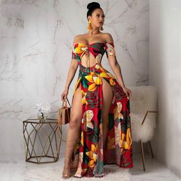 Boho Printed Summer Beach Maxi Dress Strapless Off Shoulder Sexy High Slit Sundress Womens Robe Hollow Out Long Dresses1276f