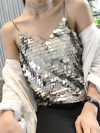 Women's Tanks Circyy Tank Top Women Sequins V-Neck Solid Spaghetti Strap Backless Shiny Crop Tops Y2k Sexy 2023 Summer Streetwear Fashion