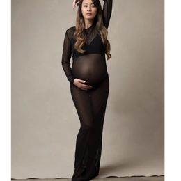 Maternity Dresses Black Tulle Bodysuit Pregnancy Dress Mesh Fabric Long Sleeve Stretch Women Maternity Outfit Slim Fit Style Skirt For Po Shoot 231006