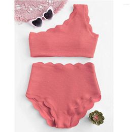 Women's Swimwear One Waisted Trim Scalloped Pieces High Swimsuit Bikini Vintage Lady Two Shoulder Swimwears Tankinis Set