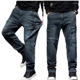 Men's Jeans High Waist Men Stretched Loose Straight Tall Man Denim Trousers Elastic Oversized Size Pants