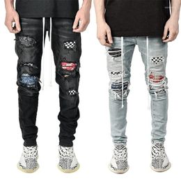 Men's Jeans Mens Quilted Embroidered Skinny Ripped Grid Stretch Denim Pants MAN Elastic Waist Patchwork Jogging Trousers