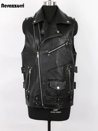 Men's Leather Faux Leather Mauroicardi Autumn Black Motorcycle Pu Leather Vest Men Zipper Pockets Plus Size Faux Leather Biker Sleeveless Jacket 4xl 5xl 231010
