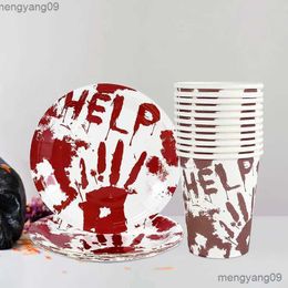 Other Festive Party Supplies Halloween Horror Theme Bloody Disposable Tableware Tablecloth Bloody Help Paper Cups Plates For Halloween Party Supply R231011