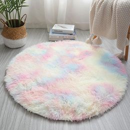 Carpets 60CM Rainbow Round Rug Living Room Decor Anti-Skid Shaggy Kids Long Plush Rugs For Bedroom Decoration 231010