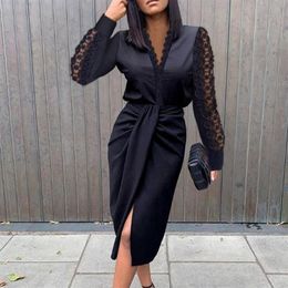 Casual Dresses Black Women Wrap Dress Elegant Lace Long Sleeve V Neck Ruched Slim Party Fashion Split Satin Streetwear Retro2025