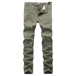 Motorcycle high street hip hop hole jeans Destroyed men Jeans Slim Mens Biker stretch Demin Trousers Army green size 42264g