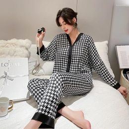 Home Clothing Houndstooth Autumn Women's Pyjamas Set Print Sleepwear Like Silk Nightie Leisure Long Sleeve Button Homewear Nightwear