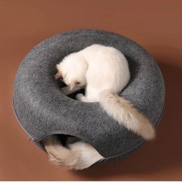 Cat Toys Felt Cat Nest Bed Interactive Tunnel Toys Pet Bed for Cats Kitten Puppy Half Closed Donut Shape Cave Beds Tunnel House Basket 231011