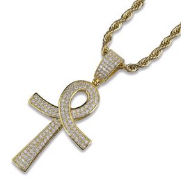 Iced Out Cross Ankh Key Necklace Pendant with Rope Chain 4mm Tennis Chain Necklace Mens Hip Hop Jewellery Gift241E