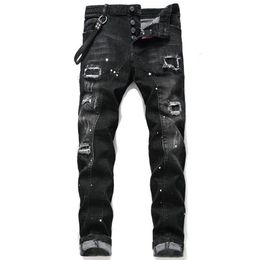 New Mens Badge Rips Stretch Black Jeans Fashion Designer Slim Fit Washed Motocycle Denim Pants Panelled Hip HOP Trousers214z