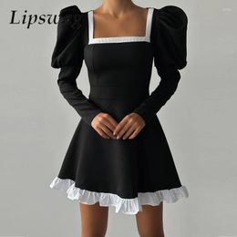 Casual Dresses Elegant Retro Square Collar A-Line Dress Fashion Patchwork Ruffle Mini Women Puff Sleeve Dating Holiday Party