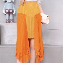 Skirts ALSEY Miyake Pleated Fringe Long For Women Fashion 2023 Fall Slim Colour Blocking Loose Bustier Skirt