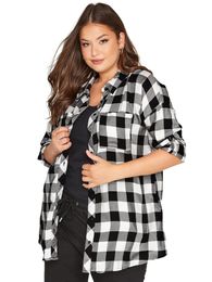 Women's Blouses Shirts Plus Size Elegant Spring Autumn Oversize Boyfriend Shirt Women Long Sleeve Black And White Check Loose Shirt And Blouse 6XL 7XL 231011