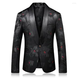 Men's Suits Spring Fall Korean Style Men Fashion Dobby Floral Black One Button Blazer Coat Man 4xl Host Slim Jacquard Flower Blazers Coats