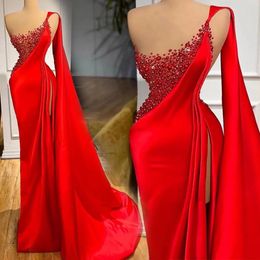 Evening Dresses Red Prom Party Gown Pleat Formal Custom Plus Size New Zipper Lace Up Mermaid Thigh-High Slits One-Shoulder Sleeveless Satin