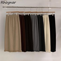 Skirts Tassel French Midi Women Pure Color Simply All-match Elegant Classic Knitting Temper Vintage High Waist Leisure Ladies