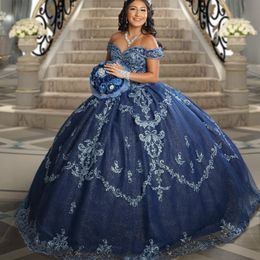Navy Shiny Off the Shoulder Sleeveless Quinceanera Dresses Appliques Lace Tull Lace-Up Corset Prom Sweet 16 Vestido De 15 Anos