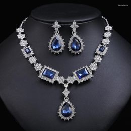 Necklace Earrings Set Bridal Jewelry Wholesale Silver Plated Red Green Blue Crystal Rhinestone Drop And Luxury Wedding For Women
