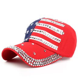 Fashion America Hat Bling Rhinestone Stripe Stars American Flag Baseball Cap Snap Back Hats for Women G1011