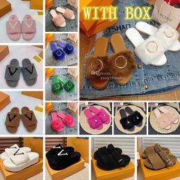 2023 Furry lock Slippers teddy flat fluffy slipper sandals Embroidered letters Paris French Sandal Flat non-slip plush women shoe Black red blue white pink with box