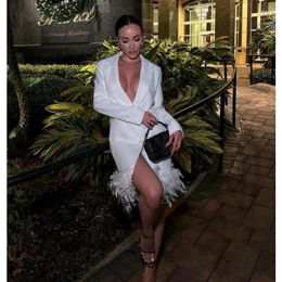 Casual Dresses Sexy Feather White Double Breasted Buttons V Neck Long Sleeve Blazer Dress Elegant Celebrity Party Night Club