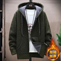 Men's Sweaters 2023 Autumn Korean Hooded Sweater with Thick and Velvet Men Cardigan Knitted Coat Stripe Jacket Male M4XL 231010