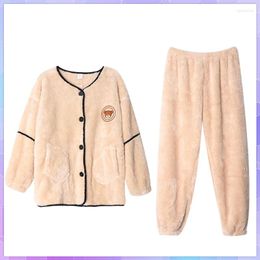 Home Clothing Plus Velvet Warm Women's Pajamas Winter Coral Sleepwear 2 Piece Sets Size Solid Kawaii Casual Suit Fleece Lounge Wear
