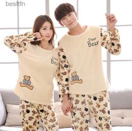 Men's Sleepwear 2022 Winter Couple Long Sleeve Thick Warm Flannel Pajama Sets for Men Korean Cute Cartoon Sleepwear Women Homewear Home ClothesL231001