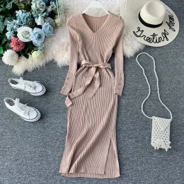 dresses for women 2023 New design women's fashion v-neck knitted with belt Button Elastic sexy bodycon tunic midi long vent jag dress solid color