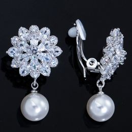 Luxury Clip on Screw Back Flower Earring Designer for Woman AAA Cubic Zirconia Diamond Silver Bridal Wedding Dangle Earrings Jewellery Elegant Female Accessories