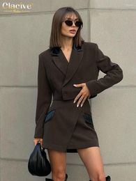 Work Dresses Clacive Winter Slim Brown Office Womens 2 Piece Outfit Set 2023 Elegant Long Sleeve Crop Top With High Waist Mini Skirts