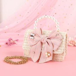 Handbags Kids Linen Purses and Handbags Cute Girls Princess Mini Crossbody Bag Bowknot Toddler Party Pearl Tote Hand Bags Gift 231010