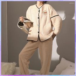 Home Clothing Plus Velvet Warm Women's Pajamas Winter Coral Sleepwear 2 Piece Sets Patchwork Solid Kawaii Casual Suit Fleece Lounge Wear