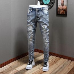 Men's Jeans Street Style Fashion Men Retro Light Blue Elastic Slim Fit Ripped Embroidery Designer Destroyed Hip Hop Pants