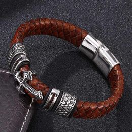 Quality Vintage Men Jewelry Brown Braided Leather Cross Bracelet Stainless Steel Magnetic Clasp Mens Handmade Bangles Bangle243m